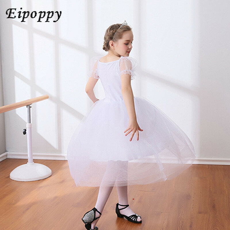 Ballet Tutu com mangas bolha para meninas, vestido de princesa branco infantil, fantasias do Lago dos Cisnes, prática e desempenho infantil, saia longa