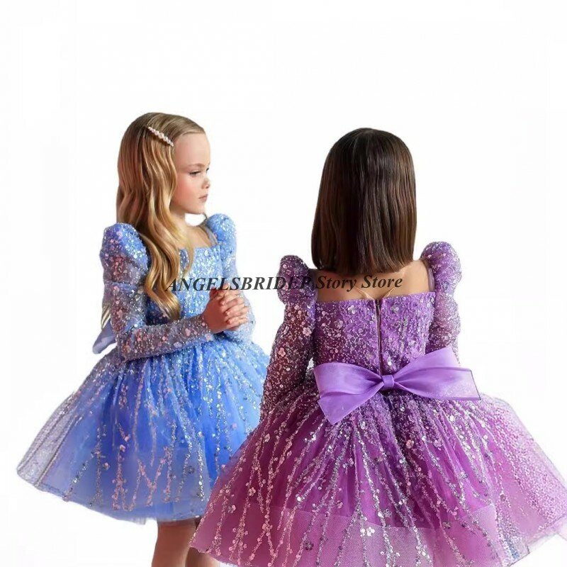 ANGELSBRIDEP Spakrly A Line Sequined Pageant Gowns for Christmas Long Sleeves Bow Back Ball Gowns Tutu Girls Flower Girl Dresses