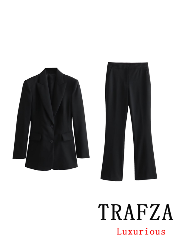 TRAFZA Vintage Chic Solid Women Suit Single Breasted Pockets Button Slim Blazer Flare Pants New Fashion 2024 Office Lady Sets