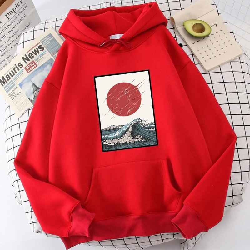 Japanse Stijl Golven Rode Zon Prints Sportswear Vrouwen Comfortabele Fleece Hoodies Alle-Match Hot Koop Pullover Nieuwe Fleece Hooded