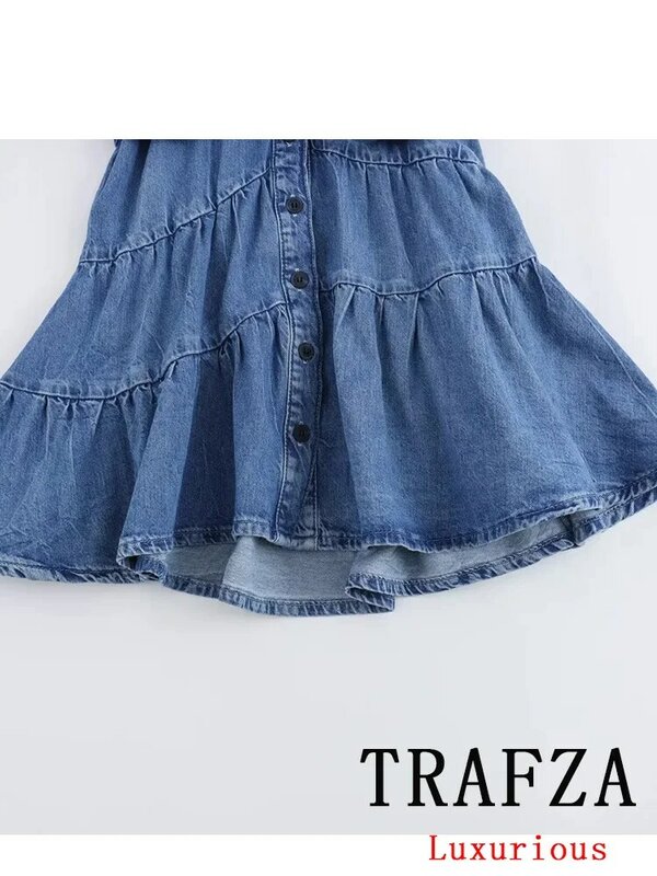 TRAFZA-Vestido vintage chique para mulheres, peito único, cinto jeans, mini vestido de babados, moda elegante, monocromático, verão, 2024