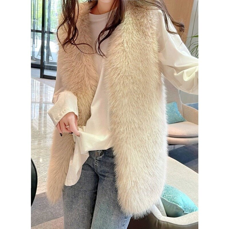 Luxury Fashion Women Medium Long Faux Fox Fur Vest Autumn Winter Sleeveless Fake Fur Vests
