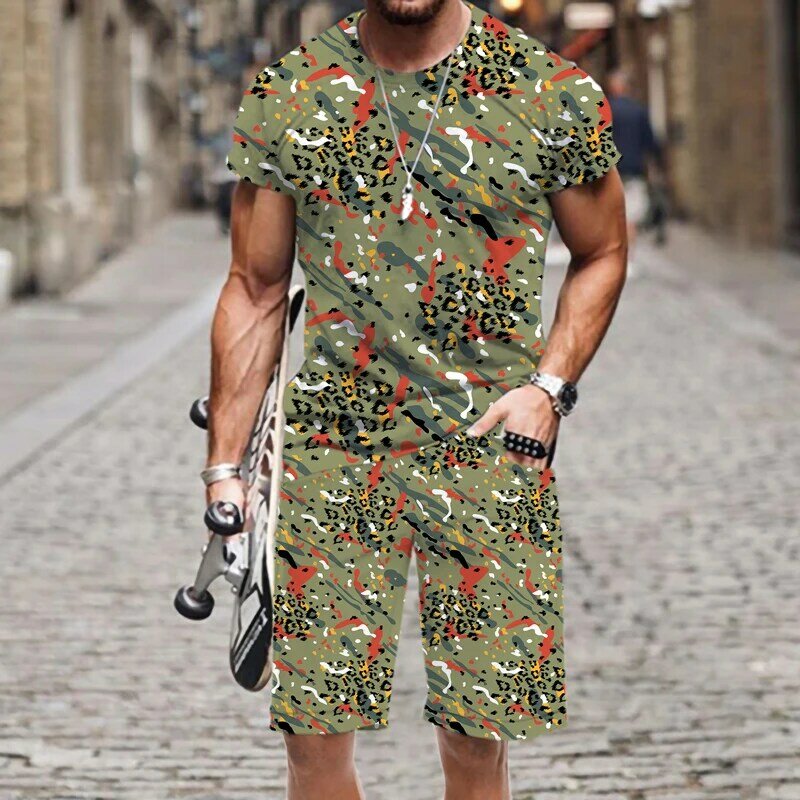 Camiseta masculina shorts conjunto engraçado leopardo impressão casual treino o pescoço manga curta moda 3d impresso roupas esportivas de rua camisetas