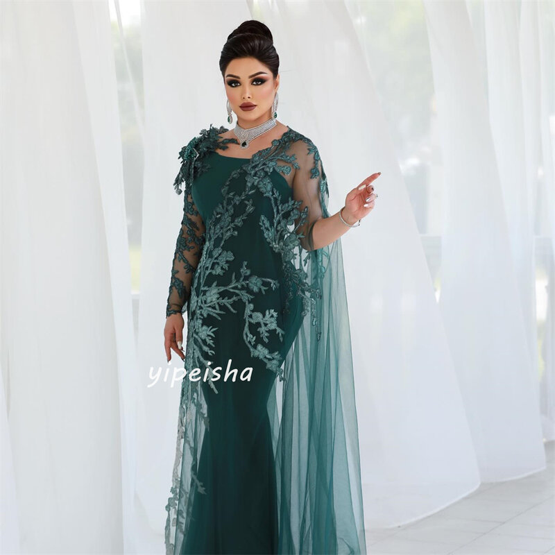 Gaun Prom malam Arab Saudi Jersey bunga terbungkus Applique malam putri duyung kerah persegi Bespoke gaun acara gaun panjang