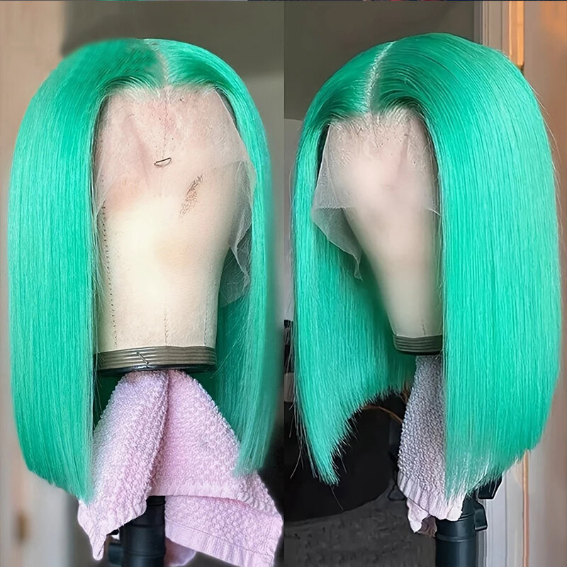Peluca de cabello humano liso con corte Bob Pixie para mujer, pelo corto recto de color verde, parte en T, encaje transparente, 13x4, HD, predesplumada