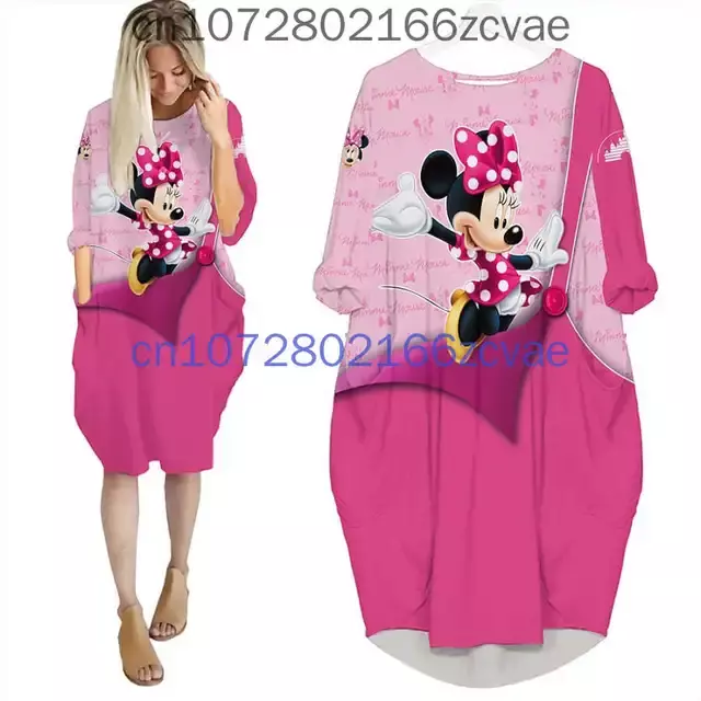 Minnie Mouse Oversize długie rękawy sukienka z kieszeniami Disney Cartoon Batwing sukienka z kieszeniami moda damska wszechstronna luźna sukienka imprezowa