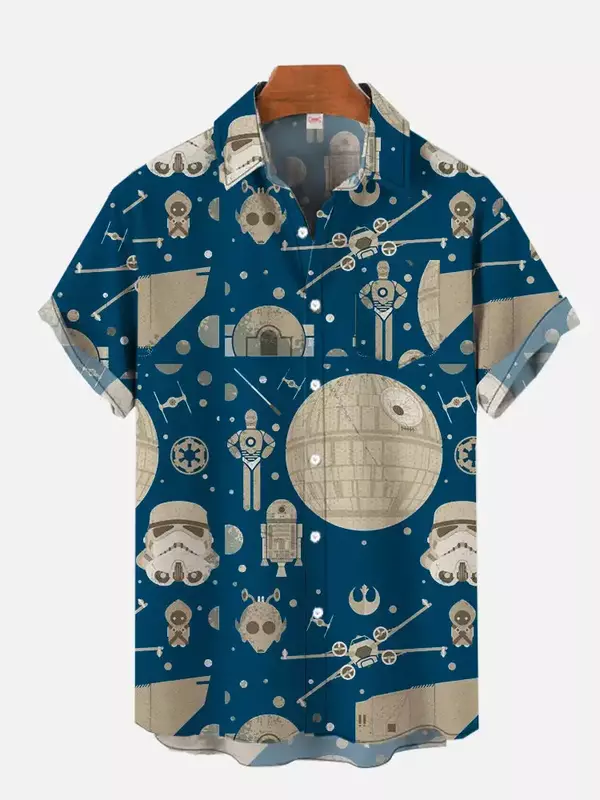 Retro Harajuku Blauwe Ruimte Oorlog Planeet Robot Kort Hawaiiaans Casual Shirt Heren Met Print Vintage Bloemenblouse Camisa Slim Fit Y 2K