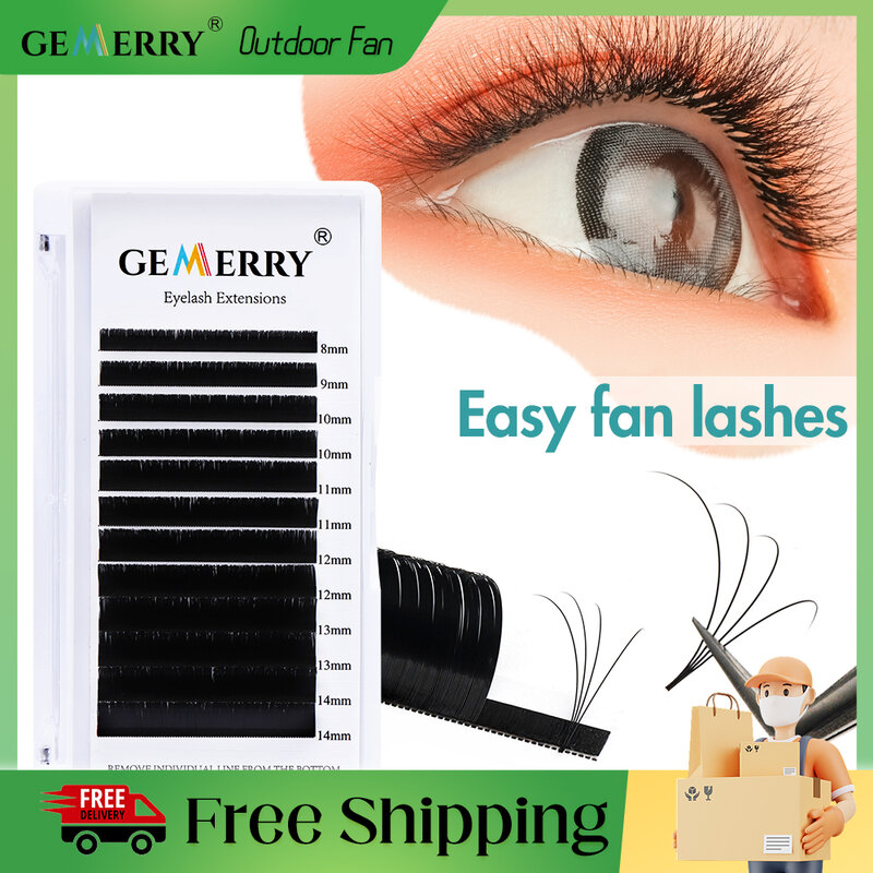 GEMERRY-Easy Fan Lashes, DIY Volume, Faux Mink Mix Length, Fast Bloom Russia, Long Black, Natural Eyelashes Extension, Makeup Supplies
