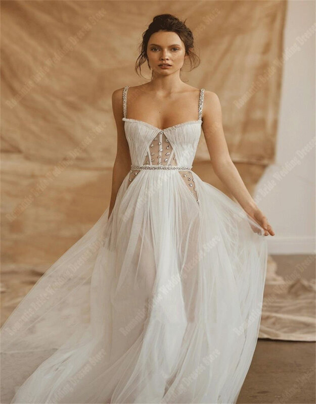 Gaun pengantin wanita tali bahu tipis baru gaun pengantin A-Line Tulle 2024 panjang mengepel punggung terbuka elegan Vestidos De Novias