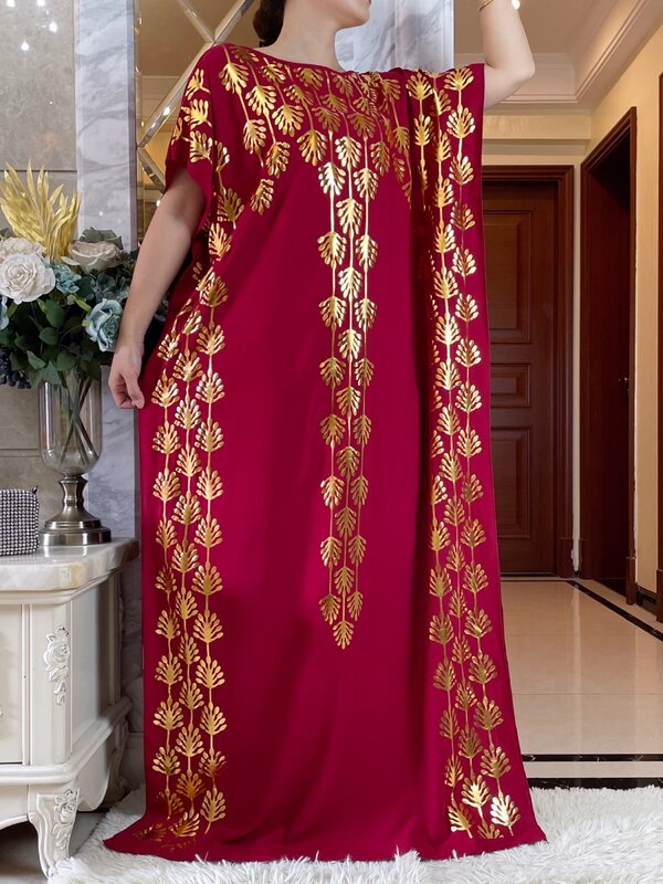 Nowa letnia bawełniana szata z luźna krótka rękawem złota tłocząca się sukienka Maxi Islam Femme z duży szalik afrykańskimi ubraniami Abaya