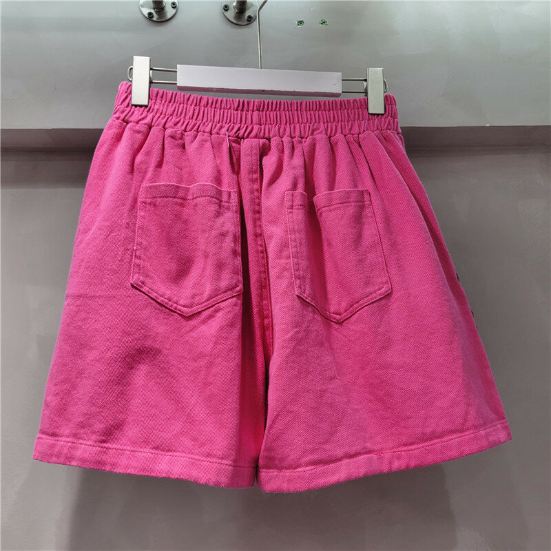 Шорты женские с широкими штанинами, утягивающие джинсовые с высокой талией и бусинами в европейском стиле, лето 2024