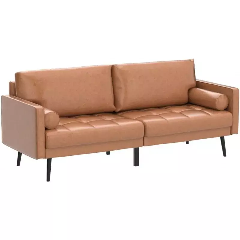 Vonanda sofa kulit imitasi, sofa kulit imitasi, 3 dudukan pertengahan abad 73 inci, dengan bantalan jahit tangan nyaman dan Bantal Guling