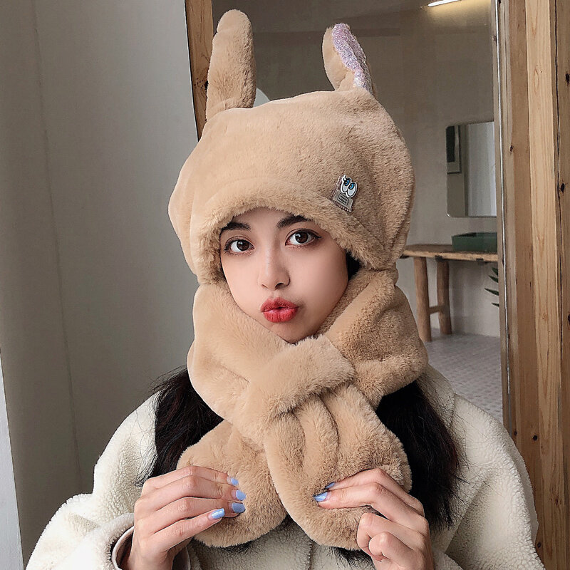 Gorro con orejas de conejo de dibujos animados para mujer, bufanda integrada, cúpula de piel de conejo linda, moda coreana, Otoño e Invierno