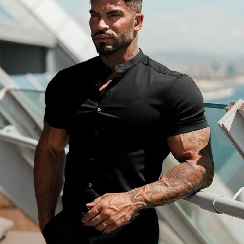 Summer Muscular Man Stand Collar Black Shirt Sports Fitness Elasticity Versatile Slim Fashion Clothing Casual Short Sleeve Tops