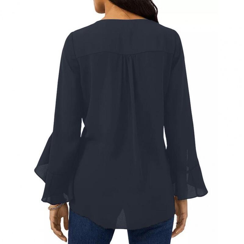 Однотонная рубашка с длинным рукавом, мягкая дышащая женская весенне-летняя рубашка с V-образным вырезом и асимметричным подолом три четверти для дам