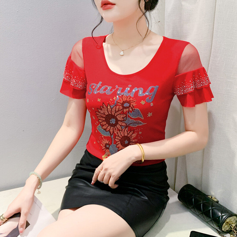 Camiseta de malla con letras florales para mujer, camiseta de malla con diamantes, cuello redondo, manga corta, Tops informales para mujer