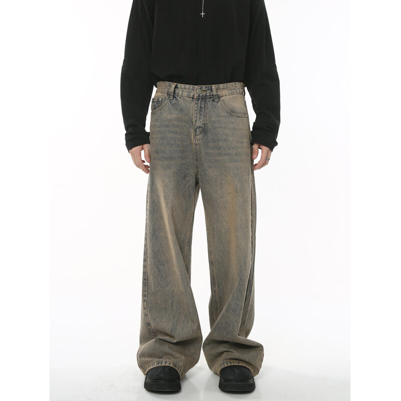 Jeans largos para homens, estilo porto, malhas, calças jeans largas soltas, moda chique de rua afligido, calças masculinas vintage, 9C2019