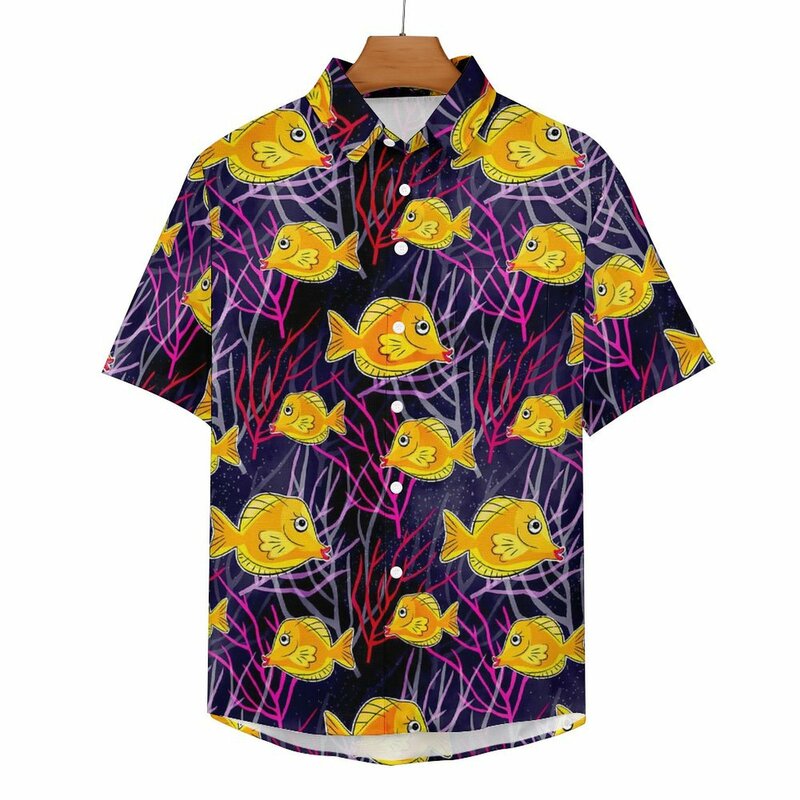 海の海の魚のカジュアルシャツ、黄色のtang休暇ルーズシャツ、ハワイアンストリートウェアブラウス、半袖デザイン、特大トップ