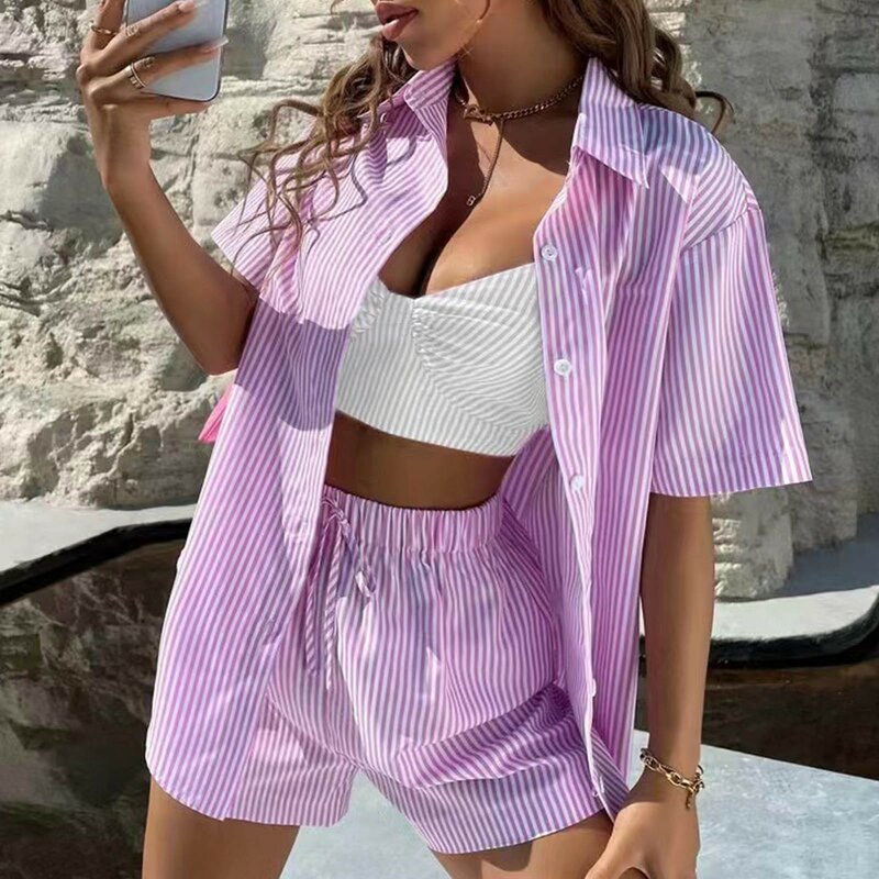 Lounge Wear Women's Home Clothes Stripe Long Sleeve Shirt Tops Loose High Waisted Mini Shorts Two Piece Set Pajamas Tracksuit