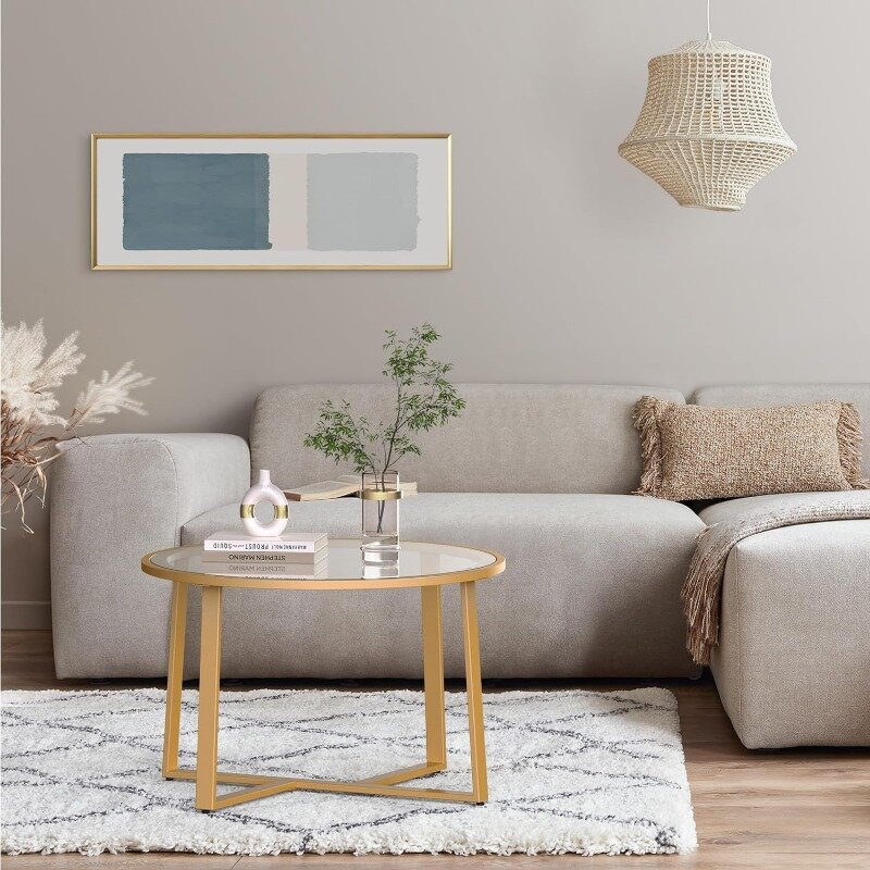 Mesa de centro redonda de vidrio, mesa de centro dorada con superficie de vidrio transparente templado para sala de estar, círculo central Simple y moderno