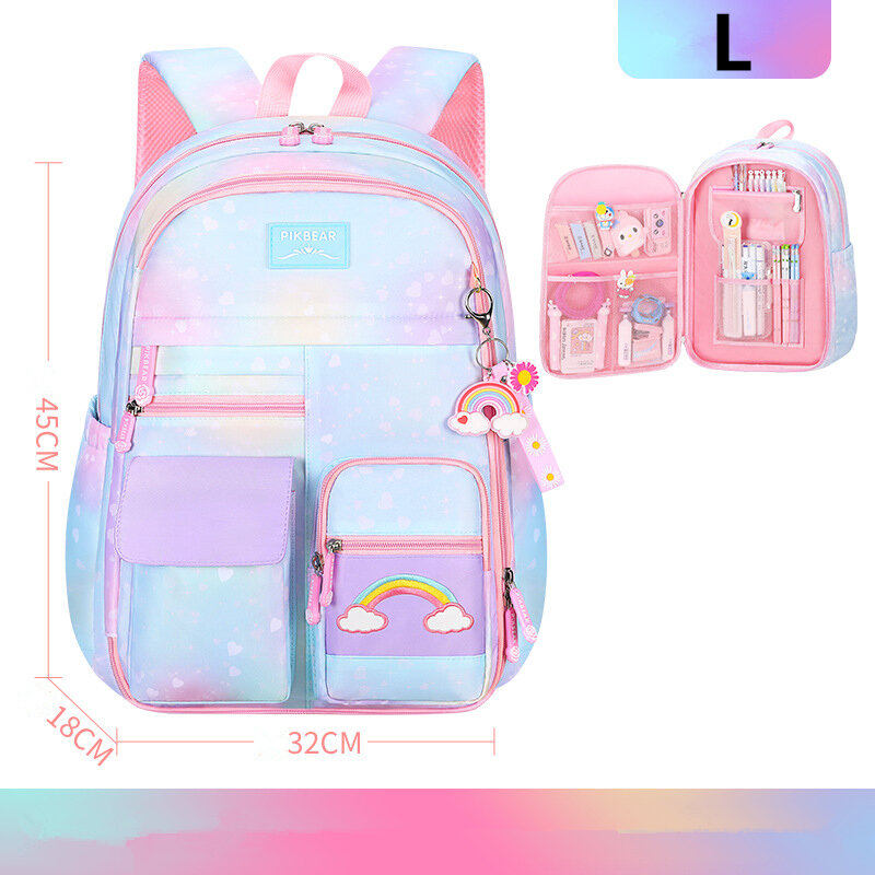 새로운 초등학교 배낭 소녀를위한 귀여운 다채로운 가방 공주 학교 가방 방수 어린이 레인보우 시리즈 책가방 골목