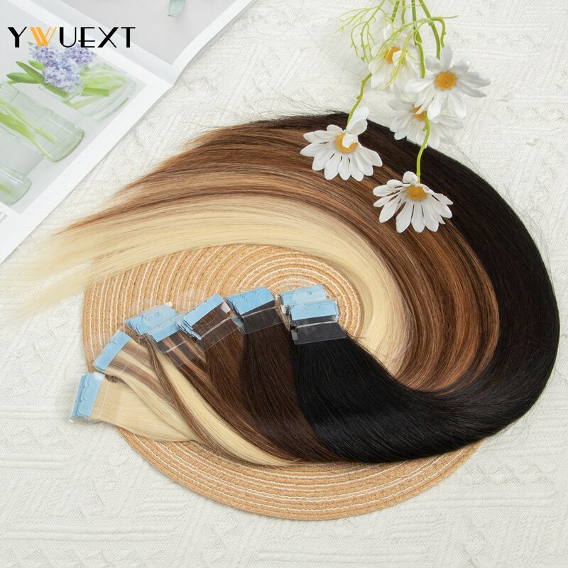YWUEXT 2# Tape in Human Hair Extensions 10pcs Staright Brown Invisible Adhesive Tape Hair Extensions 12-24 inches Salon Quality