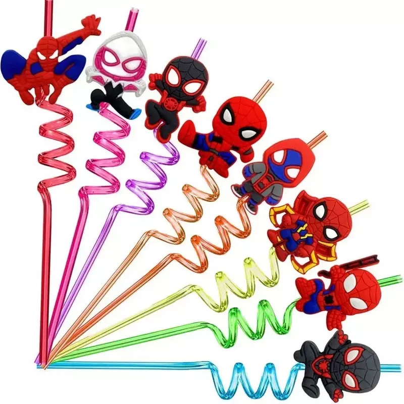 Reutilizável spiderman palha para decoração de festa de aniversário infantil, super heróis, homem de ferro, 8pcs