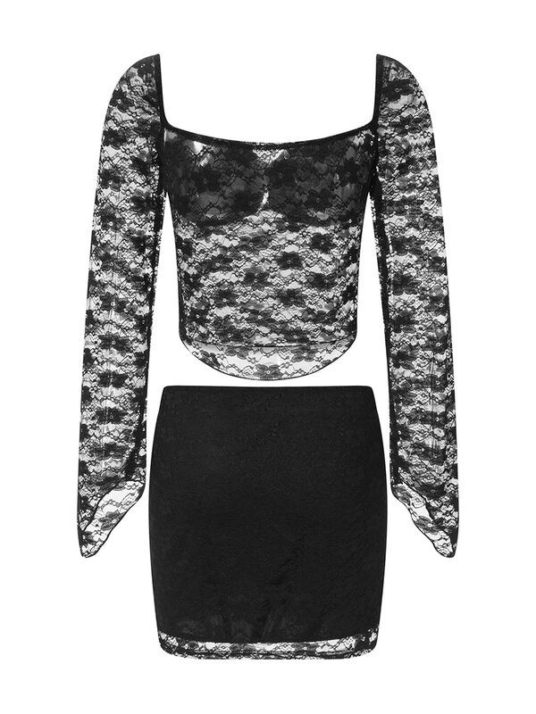 Women s 2 Piece Skirt Outfits Y2k Floral Mesh Lace Long Sleeve Top Bodycon Mini Skirt Set Sexy Party Club Outfit