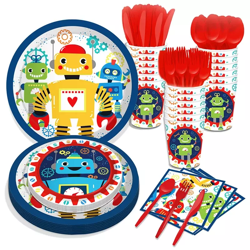 로봇 게임 테마 생일 장식, 일회용 식기 종이 접시 컵, 냅킨 로봇 호일 풍선, 어린이 생일 장식