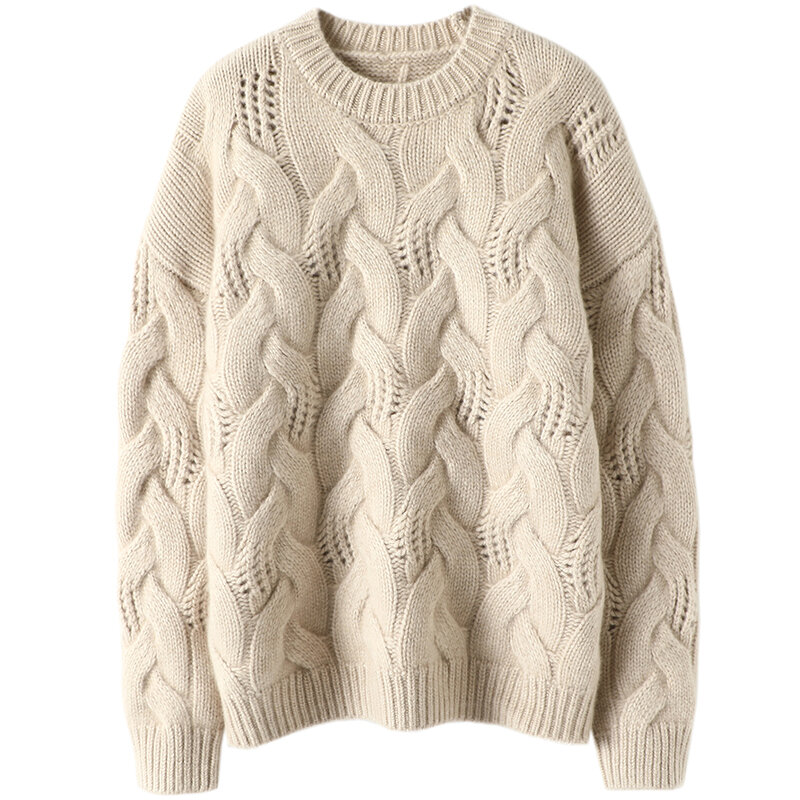 Maglione di Cashmere di lusso spesso da donna Design Pullover abbigliamento invernale donna o-collo allentato scava fuori