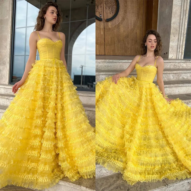 Sexy Yellow Prom Dresses Spaghetti Straps Bone Bodice Evening Gowns Tiered Skirt Formal Red Carpet Long Special Occasion dress