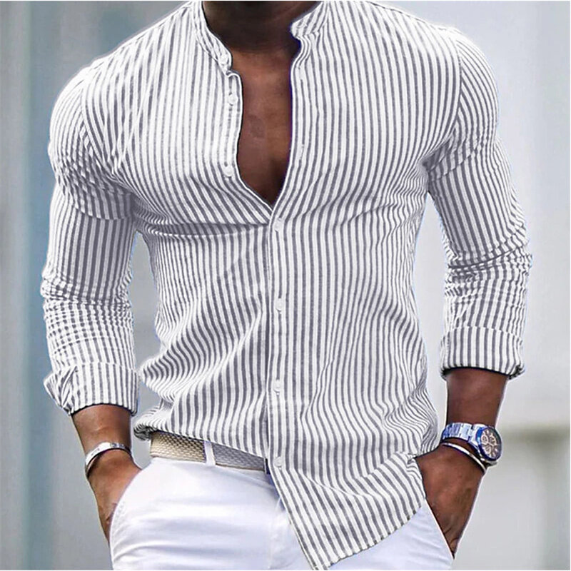 Рубашка мужская стрейчевая в клетку, модная Повседневная блуза с принтом, с длинным рукавом, с лацканами, для отпуска, весна-лето
