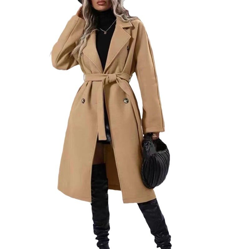 Mantel Trench panjang wanita, kerah warna Solid tebal renda wol berkancing dua baris 2023
