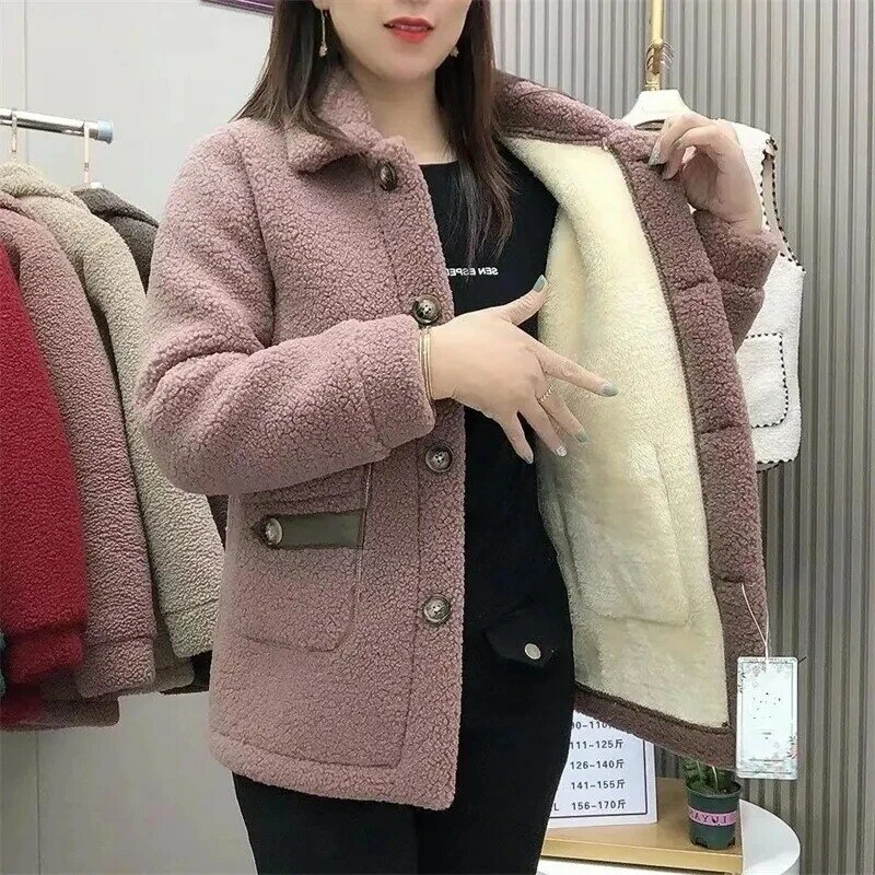 2023 New Autumn Winter Women Imitation Lamb Wool Jacket Thicken Warm Pocket  Fur Coat Cotton Padded Coat Female Outerwear