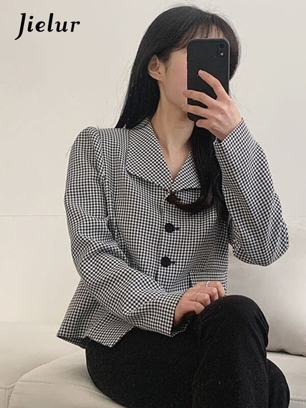 Jielur-chaquetas ajustadas a cuadros para mujer, Top informal de manga larga, holgado, a la moda, color negro y caqui, novedad de primavera