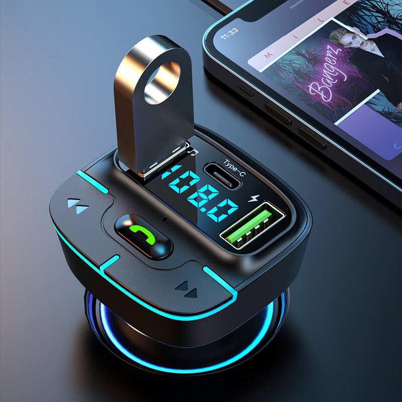 Bluetooth 5.4 FM transmitter car MP3 music U Disk player hands-free call car charger fast charging PD Type-C voltage display