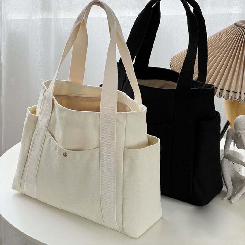 Large Capacity Canvas Solid Letter Tote Bag Versatile Handbag For Commuter Work Student Class Underarm Women's Bag Shopping Bag