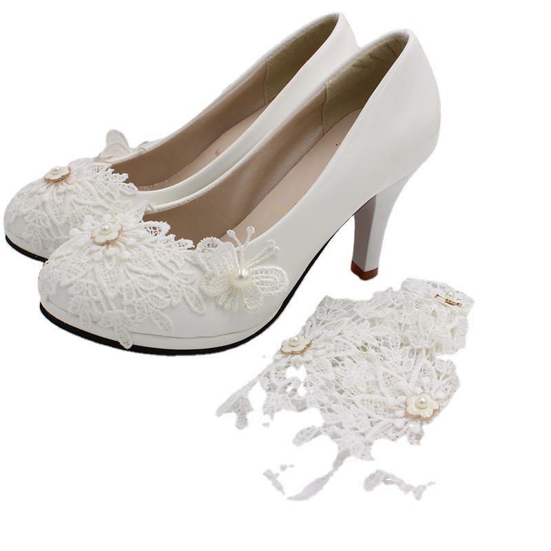 Bombas de flores blancas para mujer, zapatos de tacón fino de 8CM de PU para boda, zapatos de encaje con correa de lazo de pie poco profundo, vestido de fiesta para mujer