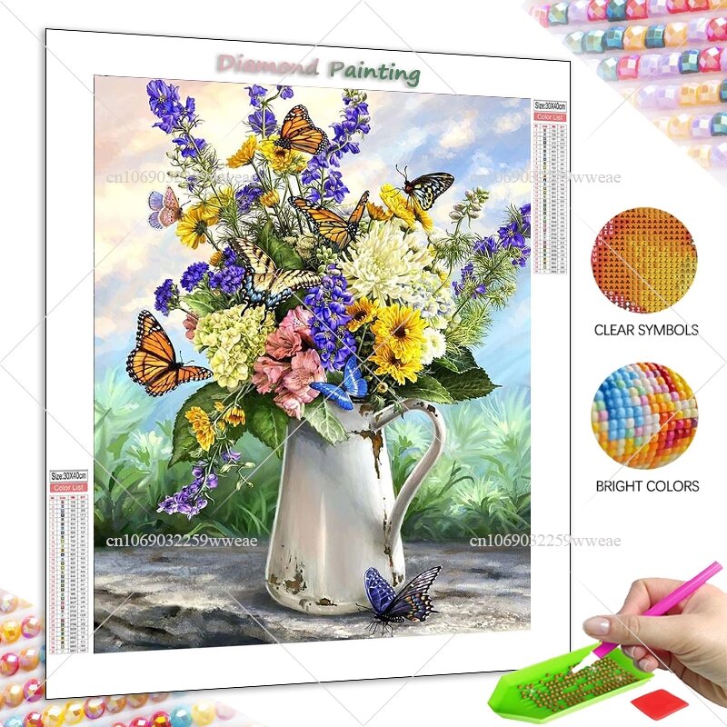Natureza Flores Pintura Diamante, DIY Kit De Broca Completa, Fantasia Flor Da Borboleta, Ponto Cruz Bordado, Decoração Criativa, 5D