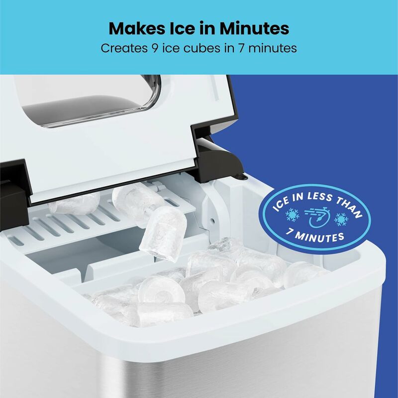 Máquina para hacer hielo en encimera de doble tamaño, portátil, crea 2 tamaños de cubo en 6 minutos, sostiene 1,3 lb. De hielo, compone hasta 26 lb