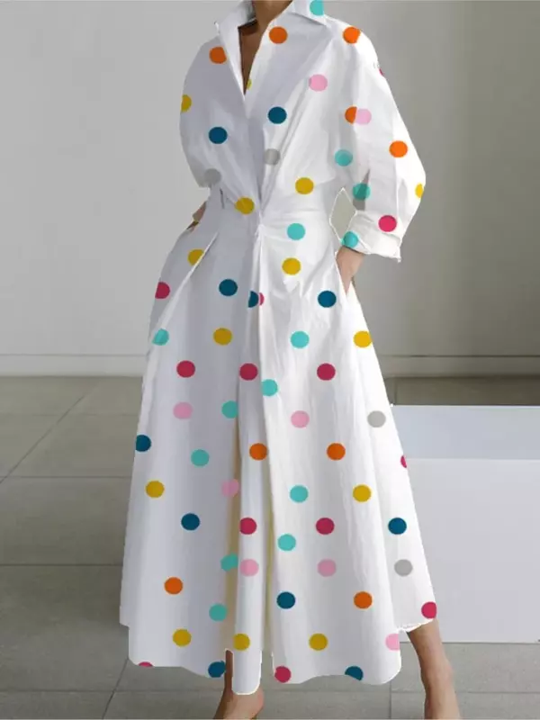 Vestido manga comprida com estampa em ponto para mulheres, elegante vestido maxi, camisa casual com gola V, vestido de festa, branco, outono, 2023