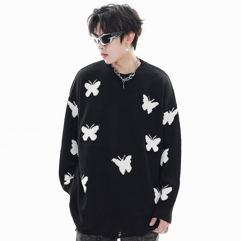 Aolamegs Men Harajuku Sweaters Y2K Butterfly Graphic Oversized Casual Knitted Pullover Hip Hop Loose Streetwear Couple Knitwear