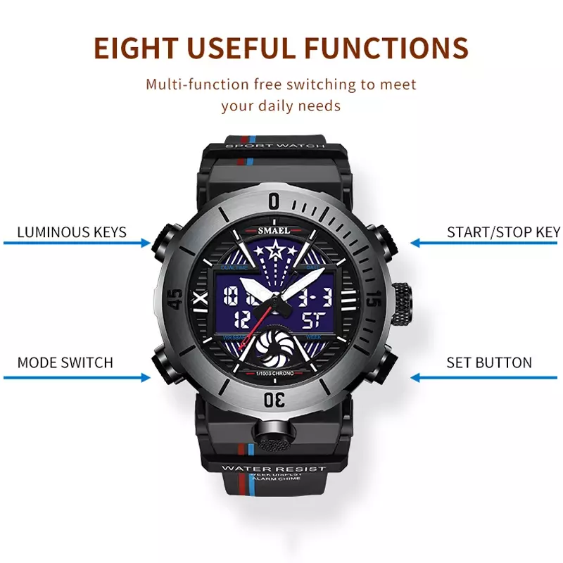 SMAEL Sport Watch Men Fashion Dual Display Alarm Blue Back Light  Waterproof Military Chrono Multiple Time Zone Male Watches