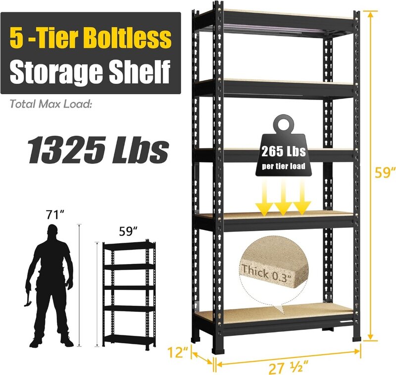 PrimeZone Storage Shelves 5 Tier Adjustable Garage Storage Shelving, Heavy Duty Metal Storage Utility Rack Shelf Unit