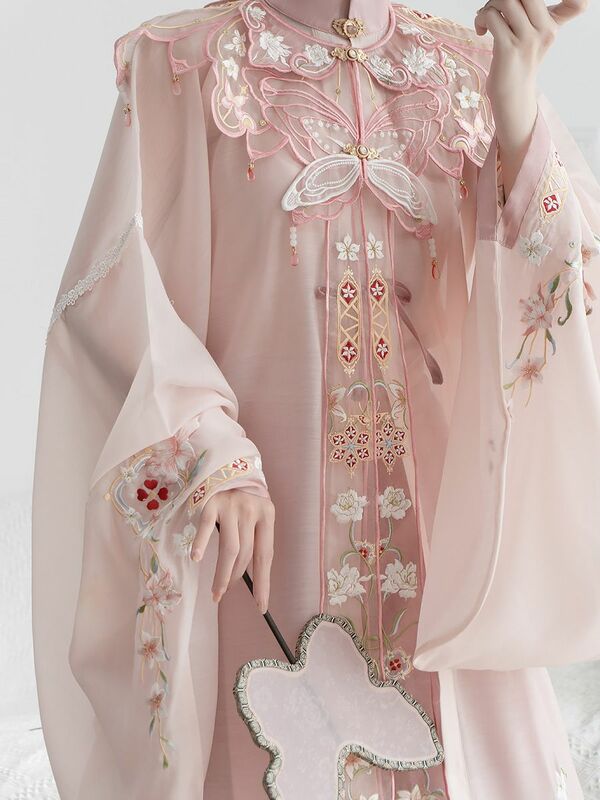 2024 new national style pink cloud shoulder standing collar long dress pleated skirt hanfu three-piece female hanfu set w399