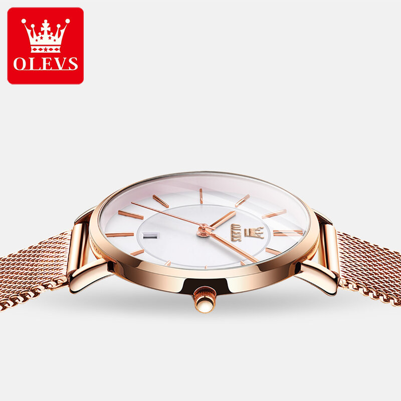 OLEVS jam tangan wanita, arloji tali Stainless Steel Quartz tahan air untuk kalender