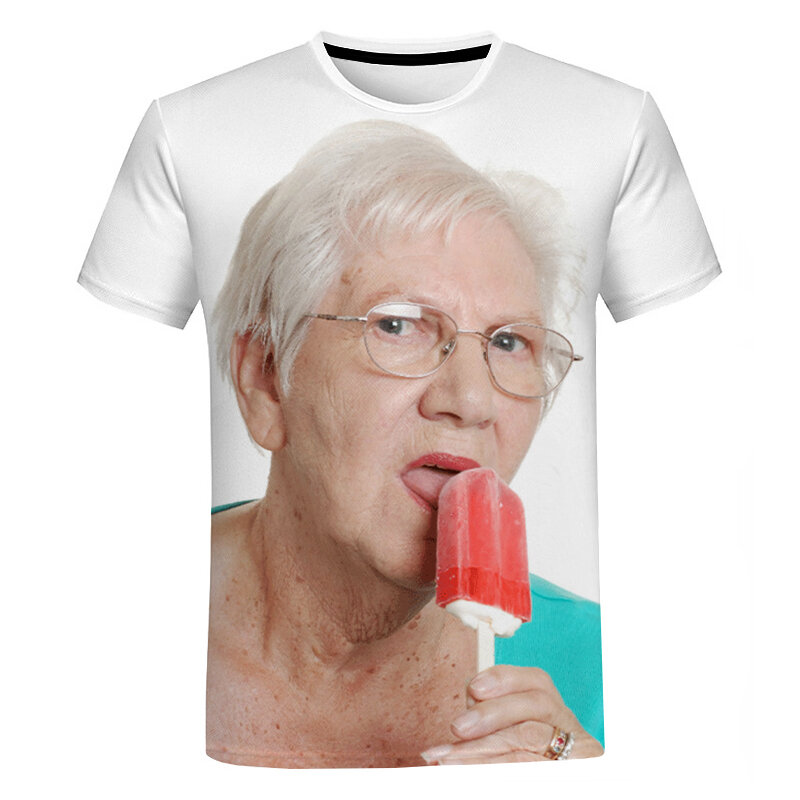 Camiseta masculina de manga curta, gola redonda, impressão 3D, rua de verão, criativa, tamanho grande, vovó, comendo sorvete