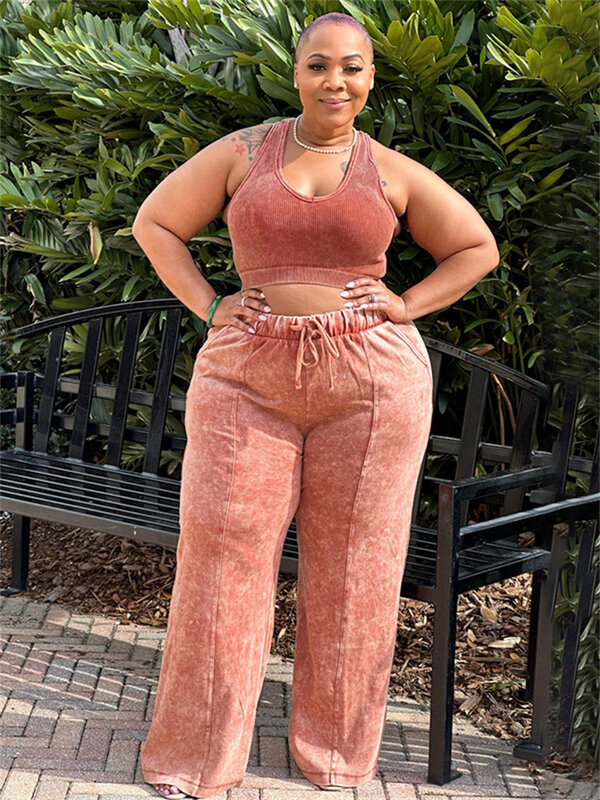 Plus Size 2 PCS Casual Oversize Two Piece Set Sports Tank Crop Top Wide Leg Pants Women Tracksuit L-4XL Workout Summer Outifts