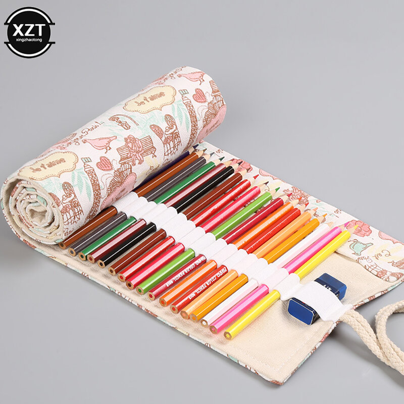 12/24/36/48/72 Holes Rollable Case Colored Pencil Pouch Kawaii School Pen Bag Cute Large Capacity Canvas Pencil Case Stationery