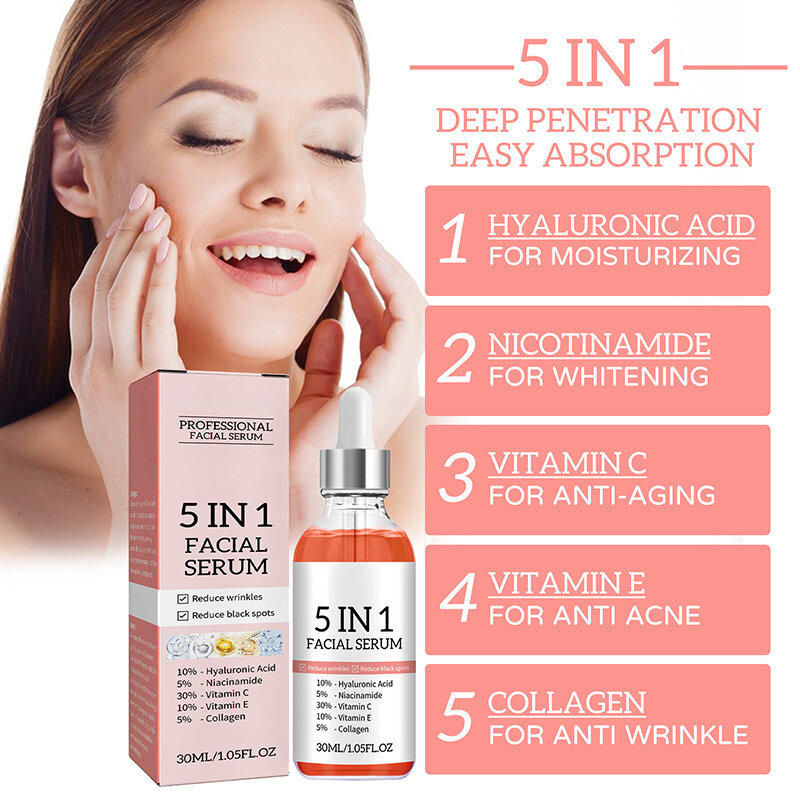 Hyaluron 5 in 1 Gesicht Serum Säure feuchtigkeit spendende Aufhellung Anti-Falten-Alterung Vitamin C verblassen Flecken schrumpfen Poren Hautpflege 30ml